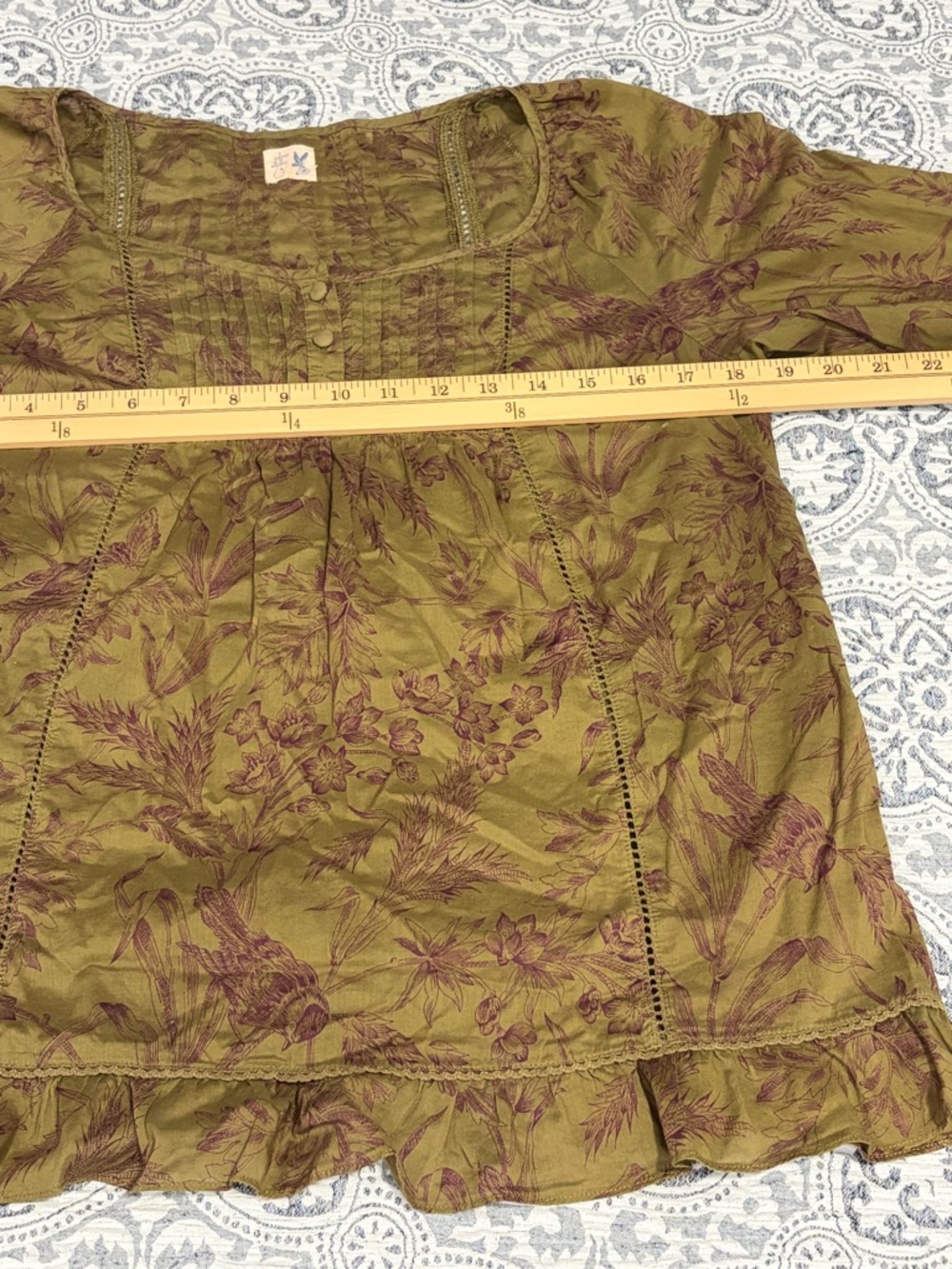 Anthropologie Edme & Esyllte Peasant Green Birds Toile Pintuck Blouse Medium - Picture 6 of 11